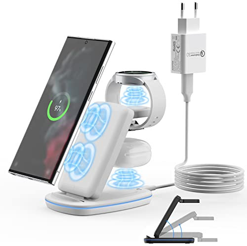 Cargador inalámbrico 3 en 1 para Samsung Galaxy S24 S23, Base de Carga Rápida para Galaxy S24 S23 S22 Ultra/Note Flip Fold 6 5, Galaxy Watch Ultra/7/6/5 Pro/5/4/3/Active 2, Buds Pro(Blanco)