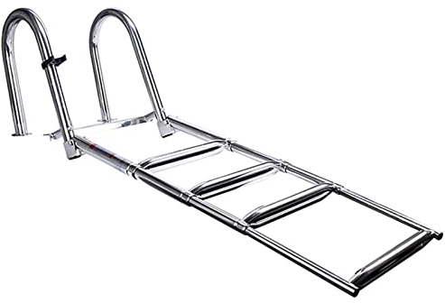 ALSUP 316 Stainless Steel 4 Steps Pontoon Boat Ladder Folding Telescoping Ladder Rear Entry Inboard Ladder Welded Reinforce Dock Ladder Heavy Duty Swim Deck Ladder with Wider Pedals & Hand Railings