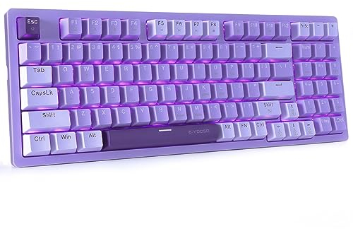 HUO JI Mechanical Gaming Keyboard USB Wired Compact with Number Pad, Purple Led Backlit, Red Switch, Detachable Type C Cable, 94 Keys for PC/Computer/Laptop, Purple and White