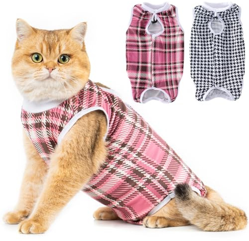 Avont Lot 2 Body Chat Post Opératoire Stérilisation Amélioré, Combinaison de Récupération pour Chat Anti Léchage, Cat Recovery Suit Protection Post-Chirurgie -Plaid Noir/Rose(S)