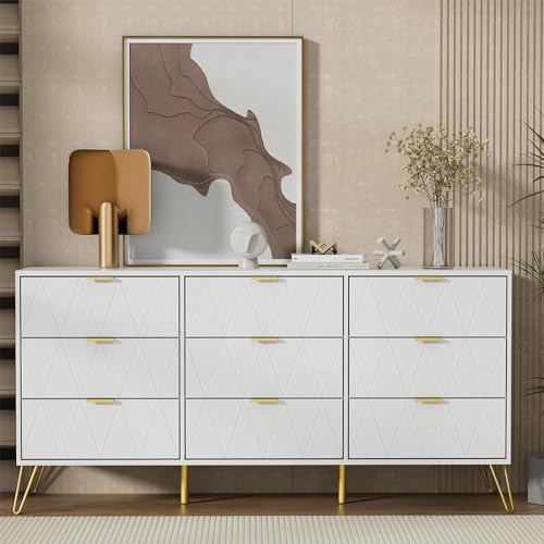 UEV Cassettiera Bianca 9 Cassetti, 150 x 34 x 74 cm, Como Camera da Letto in Legno, Mobile con Cassetti, Credenza Moderna per TV, Soggiorno, Corridoio, Cucina, Bianco