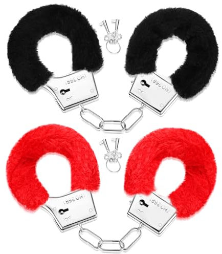 SATINIOR Handschellen aus Metall mit 2 Schlüsseln Plüschtier Handschellen aus Pelzigem Fell aus Metall Polizei Kostümzubehör für Kinderparty Requisiten (Schwarz, Rot)