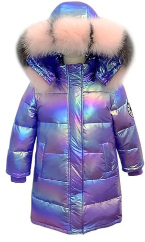 linboo Fille Manteau Longue Doudoune Chaud Veste Enfant Hiver Epais Blouson à Capuche Fourrure Matelassé Parka Lumineux, Violet, 7-8 ans