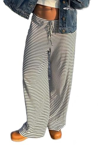 pnahip Women's Comfy Pajama Pants Loose Casual Drawstring Lounge Pants Striped Print Stretch Wide Leg Pants Black