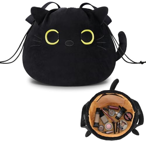 Funny Cat Drawstring Makeup Bag – Large Flat Lay Cosmetic & Toiletry Pouch Organizer – Cute Travel Bag for Women, Girls & Cat Lovers – Fun Gifts for Birthday, Valentines Mothers Day or Easter – Black