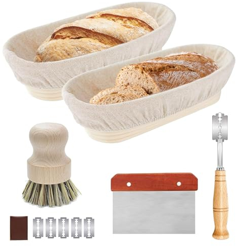 2 Stück Gärkörbchen, 25cm Gärkorb Natürlich Gärkorb Oval Gärkorbs Brot Gärkörbchen für Brot mit Bürste Teigschaber Leinentuch Brot Backen Zubehör Zum Brotbacken