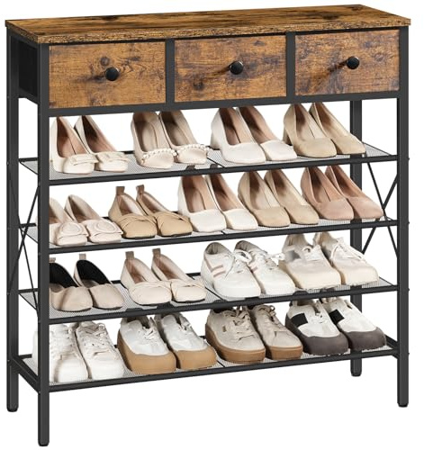 YATINEY Scaffale Portascarpe, Scaffale Scarpiera a 4 Ripiani a Rete e 3 Cassetti in Tessuto Non Tessuto, per 20 Paia di Scarpe, scarpiera metallo, per Ingresso, Corridoio, Armadio, XSS35BR