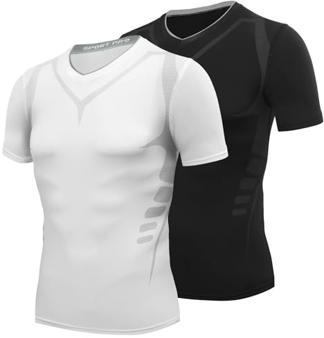 AMZSPORT Kortärmad kompressionströja för herr sport gym, 8202-svart + vit (2-pack), S