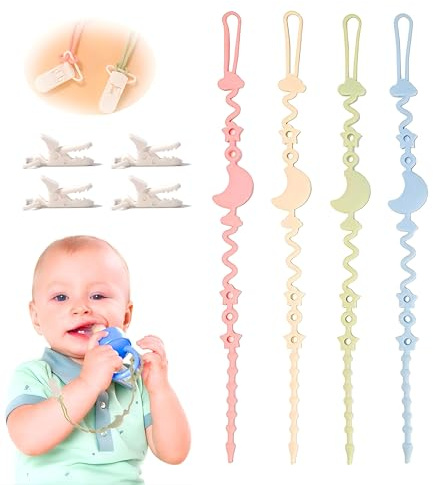 Cinghie per Giocattoli per Bambini, Catenella Porta Ciuccio In Silicone, 4PCS Confezione regolabili catenella ciuccio, silicone alimentare, Senza Bpa, per ragazzi e ragazze