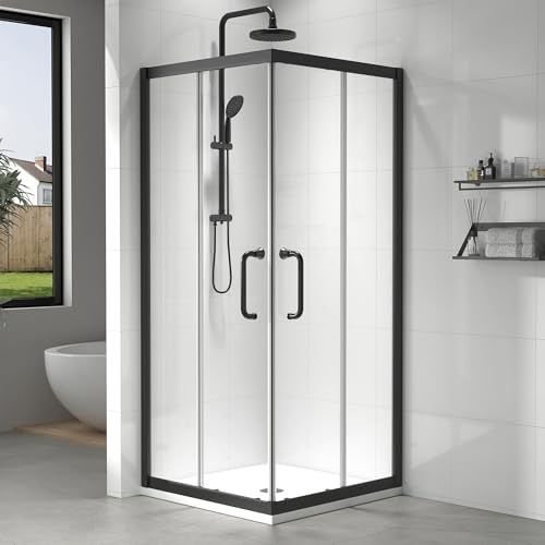 EASYWORC Corner Shower Enclosure 36 W x 36 W x 72 H in Matte Black, Double Sliding Corner Shower Door with Nano Explosion-Proof Film, 1/4 (6mm) Tempered Glass (Shower Base Not Included)