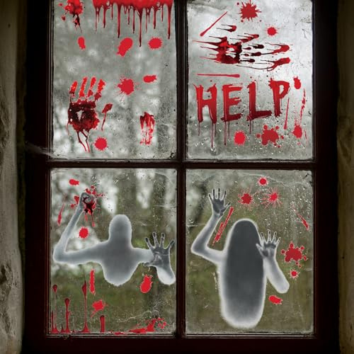 5 Pcs Halloween Decorations,Outdoor,Window Stickers,Large Scary Bloody for Party,Black Red,Creepy Treatment Wall Door Covers for House Handprints Zombie Silhouettes,for Haunted Posters Giant