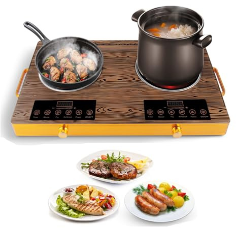 Electric Double Ceramic Stove 7000W Electric Cooktop Hot Plate Infrared Countertop Burner with 11 Power Levels 0-4H Timer Portable Handle LED Display for Home(Wood)