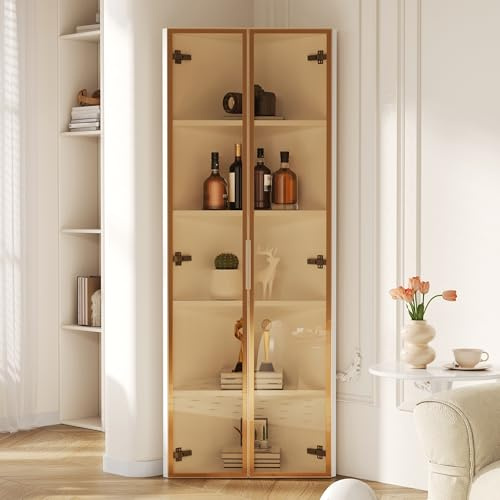Merax Armadio ad angolo alto con illuminazione a LED, vetrina in vetro a LED, vetrina ad angolo con porta, vetrina da collezione, libreria, armadietto da bagno, bianco, 62 x 35 x 160 cm