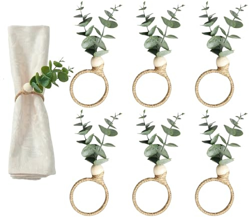 6 Pcs Rustic Farmhouse Napkin Rings, Green Boho Eucalyptus Leaf with Wooden Beads, Table Decor for Spring Fall Banquet Easter Thanksgiving Christmas Wedding