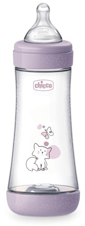 Chicco PERFECT 5 Biberón anticólicos de 300 ml, biberón de flujo rápido 4 meses + con tetina de silicona suave, biberón similar al pecho materno, biberón anticólicos para lactancia mixta, lila
