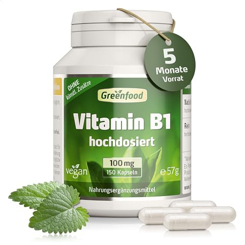 Vitamin B1, hochdosiert, 100mg - 150 Kapseln, vegan. Vitamin B 1 (Thiamin) - wichtig für Nervensystem und Energie. OHNE künstliche Zusätze - laborgeprüft. Von Greenfood.