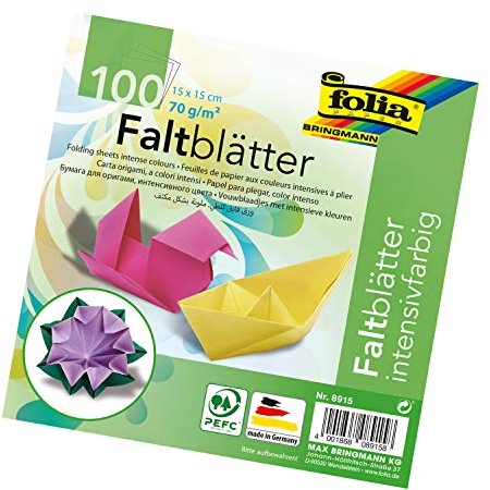folia 8915 - Faltblätter 15 x 15 cm, 70 g/qm, 100 Blatt sortiert in 10 intensiven Farben - ideal zum Papierfalten und für andere kreative Bastelarbeiten