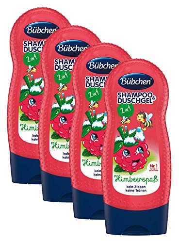 Bübchen Kids Shampoo und Duschgel Himbeerspaß, Kinder-Shampoo und -duschgel, pH-hautneutrale Waschlotion für sanfte Kinderhaut, mit Himbeer-Duft, Menge: 4 x 230 ml