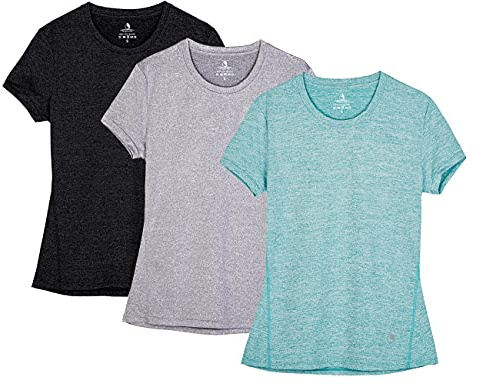 icyZone® Dam sport t-shirt löpning fitness skjortor sportkläder kortärmade toppar kortärmad topp, Svart/granite/grön, M