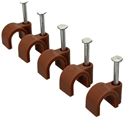 Grapas de cable redondas marrones de 5 mm con clavos de fijación. Paquetes de 50