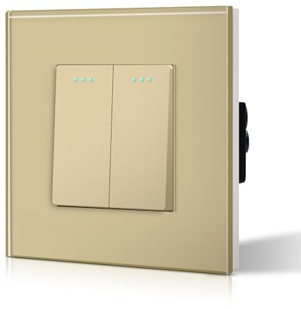 BSEED Interrupteur va et vient Interrupteur à Bascule, Interrupteur Encastrable Bascule, 10A 250V Plaque De Cristal Trempé Or 2 Gang 2 Voie