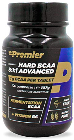 Premier Integratori Hard BCAA Advanced 8:1:1 | Aminoacidi ramificati (BCAA) 8:1:1 di qualità farmaceutica | senza glutine e zuccheri - con vitamina B6 (100 compresse)