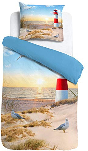 ESPiCO Wende Bettwäsche Sleep and Dream Leuchtturm Bunt Strand Möwe Sturmmöwe Vögel Ostsee Nordsee Sonnenuntergang Düne Renforcé, Größe:135 cm x 200 cm