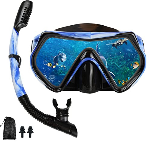 DIPUKI Juego de máscara de esnórquel para adultos y jóvenes, máscara de buceo y buceo completo en seco para nadar Googles es adecuado para esnórquel, buceo, natación (azul y blanco)