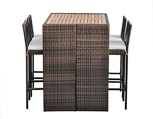 Teamson Home 5-teilige Rattan-Gartenmöbel für den Außenbereich, Stehtisch, Esszimmertisch & Stuhl-Set für Wintergarten mit Holzplatte