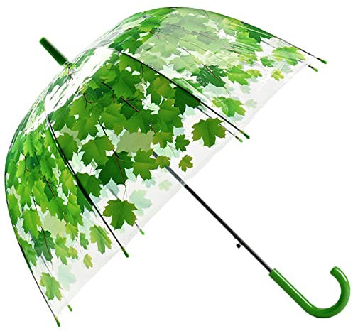 ThreeH Long Clear Umbrella with Sycamore Leaves Rubber Handle Auto Open 8 Steel Ribs Elastic Plastic Windproof Rainproof Outdoor Photos for Children and Women SJ59Green