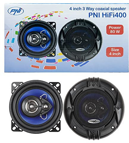 PNI Altoparlanti coassiali per auto HIFI400, 80W, 4 Ohm, 10 cm, 3 vie, Injection Core con diametro 100mm, set di 2 pezzi