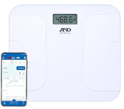 A&D Medical Digital Body Weight Scale, UC-356BLE Bluetooth Bathroom Weight Machine, UltraWide Platform and Large Display, Syncs with A&D App,550lb (249kg), Batteries Included, White