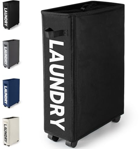 Virklyee Sottile Cesto della Biancheria con Ruote Cesto Portabiancheria Sporca di Oxford e Rotolante Cesto per Panni Sporchi Pieghevole con Maniglia e Copertura in Rete con Coulisse(Nero)