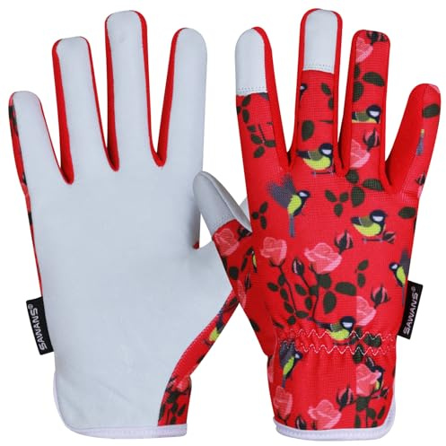SAWANS Guantes de Jardinería de Cuero Damas Hombres Mujeres Aparejador a Prueba de Espinas Guantes de Trabajo de Seguridad para jardín Construcción Transpirable Multiusos (Rojo, L (paquete de 1))