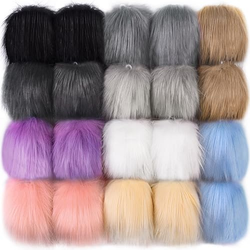 SIQUK 20 Pcs Faux Fur Pom Pom Balls with Elastic Loop for Hats