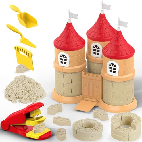 Sabbia Magica per Bambini, 750 g Sabbia Cinetica con Mattoncini, Pressa per Mattoni e 3 Attrezzi, Giocattolo Sensoriale, Regalo di Compleanno per Bambini e Bambine dai 3 Anni in Su (Castello)
