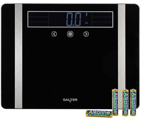 Salter Bilancia analizzatrice extra larga – Bilancia digitale da bagno per peso corporeo/grasso/acqua, BMI/BMR, massa muscolare/ossea, 10 memorie utente, letture istantanee, capacità 250 kg