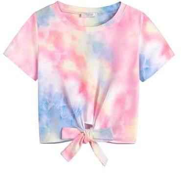 Arshiner Tie Dye Shirt for Girls Tie Knot Front Short Sleeve Casual Girl Tie Dye Top Loose Round Neck Blouse for Kids Size 7-8