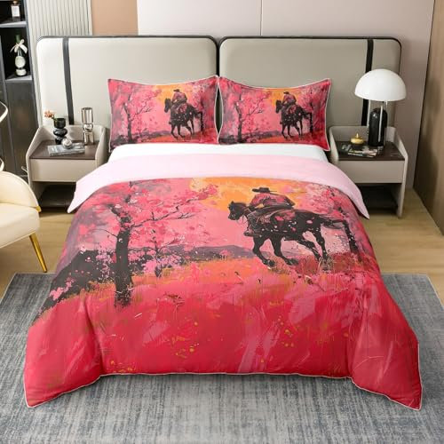 Homewish 100% Baumwolle Western Cowboy Bettwäsche Set 155x220,Girly Bauernhaus Cowmädchen Bettbezug,Rosa Kirschblüten Bettbezug,Blumen Blütenblätter Floral Southwestern Bettbezug für Mädchen Frauen