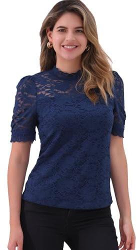 Allegra K Damtopp med blommig spets ståkrage puffärmar kortärmad elegant spetsblus topp skjorta, Mörkblå, XS