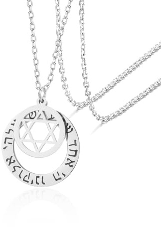 VASSAGO Hebrew Prayer Necklace for Women Men Stainless Steel Shema Yisrael Star of David Pendant Jewish Religious Blessing Jewelry (silver jewish star necklace)
