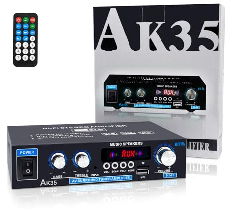 Home Audio Amplifier Receivers 200W Bluetooth 5.0 RMS 30W x 2 AK35 Stereo Receiver for Speakers 2.0 Channel Power Amp with Bass & Treble Remote Control w/USB/TF/MIC/AUX Input