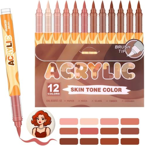 12 Feutre Acrylique Brush Marker – Set de 12 Marqueurs de Peinture Acrylique Skin Tone Color Series , Pointe Brush 0.5~5MM Pinceau pour Peinture sur Coloriage Adulte, Verre, Bois, et Autres Surfaces