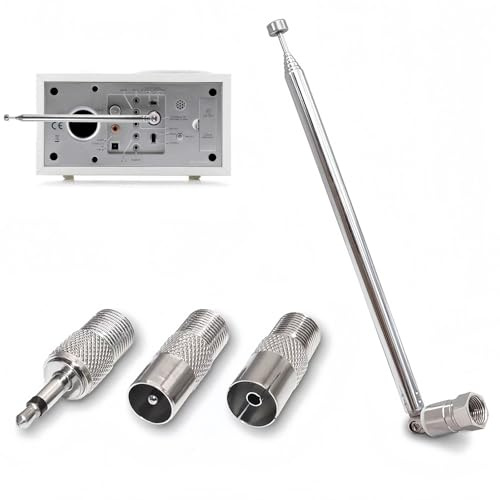 FM Aerial Indoor Antenna, 75cm 7-Section Telescopic DAB Radio Aerial Antenna, F Type Male Plug Connector ​with 3 Adapters for HiFi AV Stereo Receiver, Table Top Radio, Mini System (1Set Silver)
