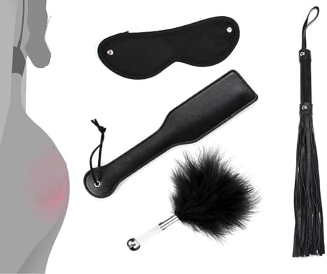 Feather Tickler Role Play Leather Whip Suit Adult Game Spanking Paddle Blindfold Restraints Sensual Adult Toy Set for Foreplay BDSM Bondage Kit for Couples 4 PCS