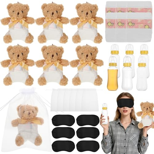 30 Pcs Bottle Chug Baby Shower Games, Brown Bear, Blindfolded Diaper Changing Games Kits, Bottles Diapers Blindfold Eye Masks Bear for Adult Gender Reveal Raffle Party