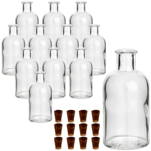 gouveo 12er Set Glasflaschen 100 ml Apotheker Design rund mit Korken (SK) - Kleine 0,1 l Flasche aus Glas für Likör, Öl, Essig, Deko