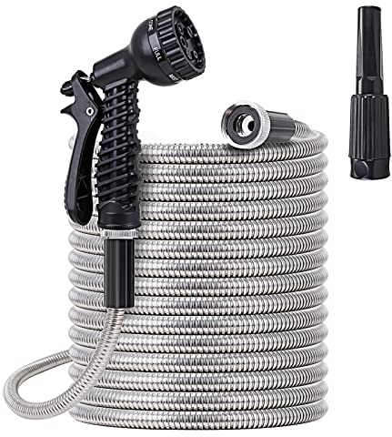 FOXEASE Stainless Steel Garden Hose 75 ft - Metal Water Hose with 2 Nozzles, Lightweight, Tangle Free & Kink Free, Heavy Duty, High Pressure, Flexible, Dog Proof