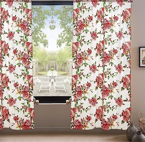 DaDa Bedding 2-Pack Romantic Roses Floral Window Curtain Panels - Semi Sheer Cottage Botanical Straight Tailored Edge w/Rod Pocket - Dainty Red Pink Roses Bedroom Kitchen Bath Décor - 54 x 84