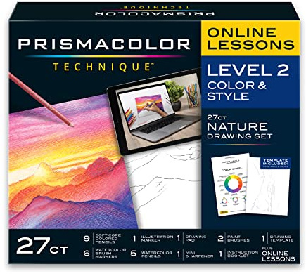 Prismacolor Technique Art Supplies and Digital Art Lessons, Nature Drawing Set Level 2, Includes Watercolor Pencils, Brush Markers, and More, 27 Count